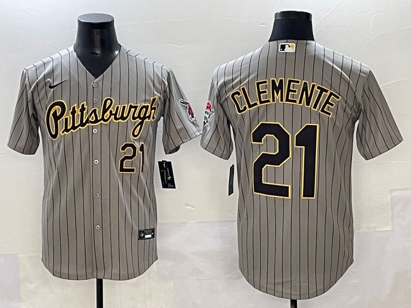 Men 2025 Pittsburgh Pirates #21 Clemente Grey Stripe Throwback Nike MLB Jersey style 1->detroit tigers->MLB Jersey